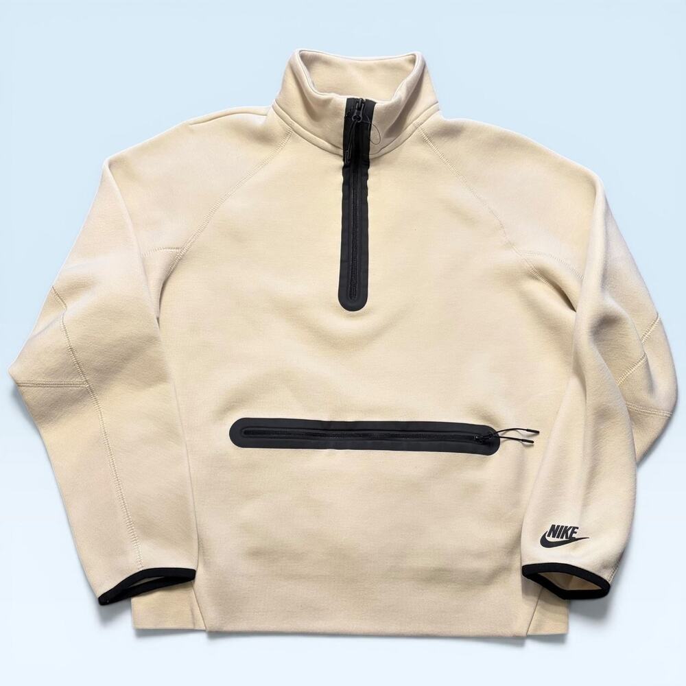 Nike Sweatshirt Mens Medium Beige Fleece 1/4 Zip Pullover Zip Pocket High Neck